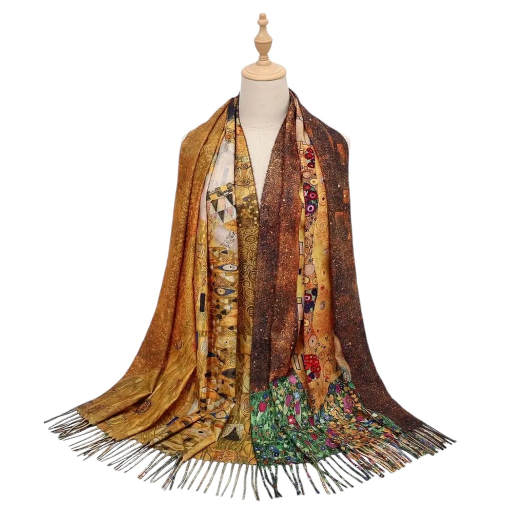 Gustav Klimt “The Kiss” Reversible X-Lg Scarf with Fringe, Faux Cashmere YH-0308